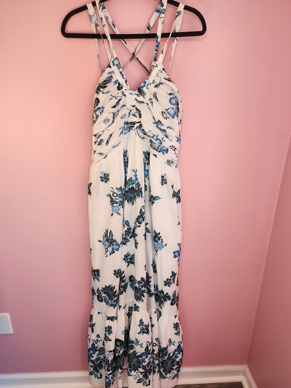 Floral Rain Cotton Dress Interlaced Straps Summer Flouncy Hem - Picture 3 of 10